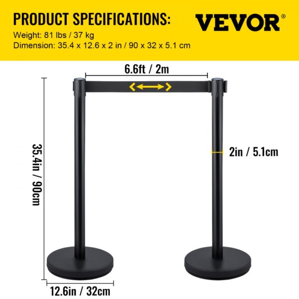 VEVOR 6PCS Black Belt Stanchion Queue Posts Stand Rope Retractable Crowd Barrier