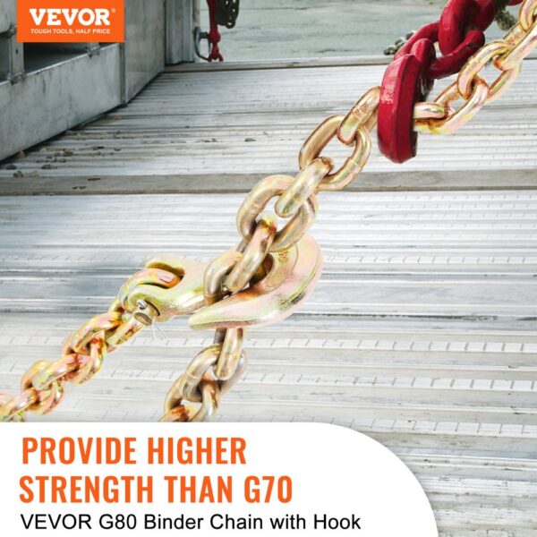 VEVOR g80 binder chain with hook on a metal surface, provides higher strength than g70.