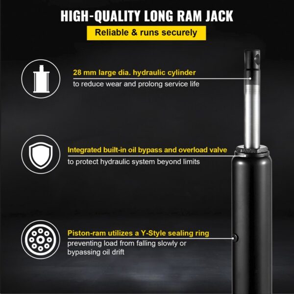 VEVOR hydraulic long ram jack, 28 mm cylinder, oil bypass, y-style sealing ring.