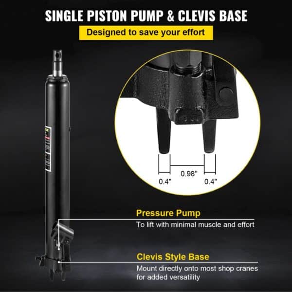 VEVOR hydraulic long ram jack with single piston pump and clevis style base.