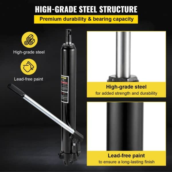 VEVOR hydraulic long ram jack with high-grade steel and lead-free paint for durability.