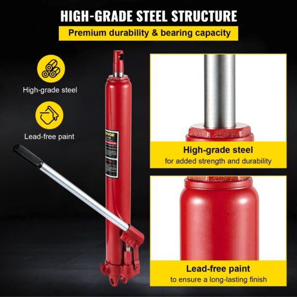 VEVOR hydraulic ram jack with high-grade steel for durability and lead-free paint finish.