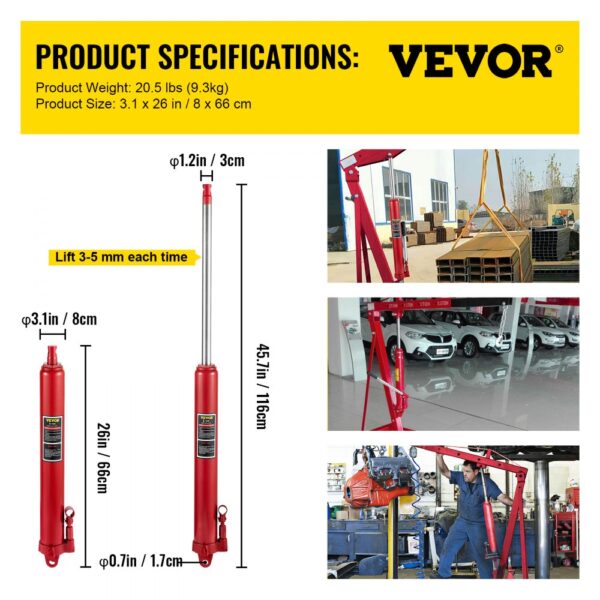 VEVOR hydraulic ram jack specifications: 20.5 lbs, 3.1 x 26 in, 45.7 in height, 8 cm base.