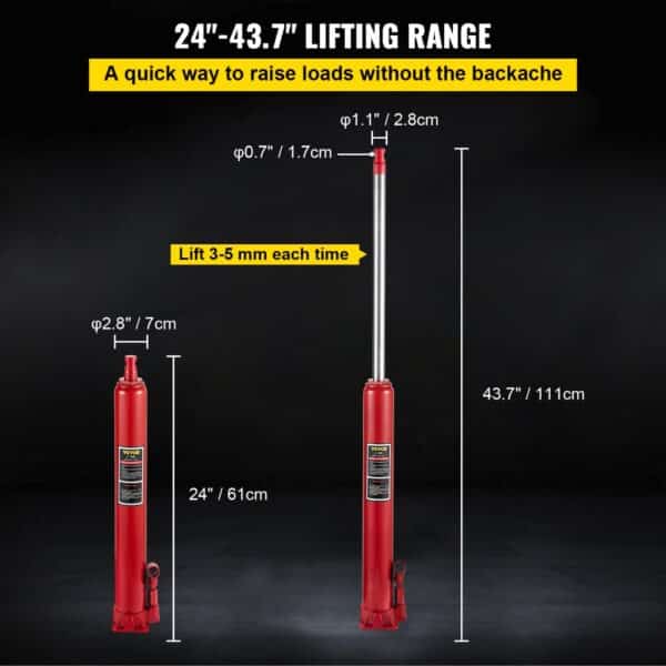 VEVOR hydraulic long ram jack, 24"-43.7" lifting range, red, with measurements.