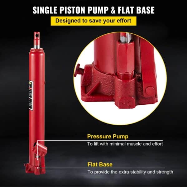 VEVOR hydraulic long ram jack with single piston pump and flat base for stability.