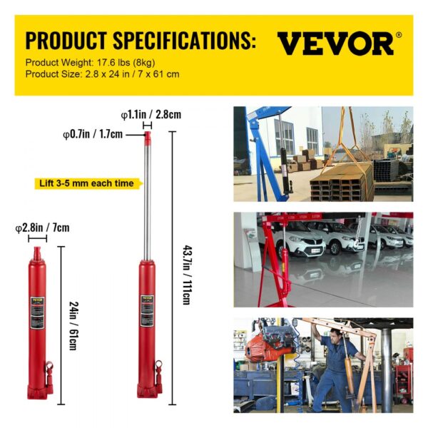 VEVOR hydraulic long ram jack specifications, usage in different environments.