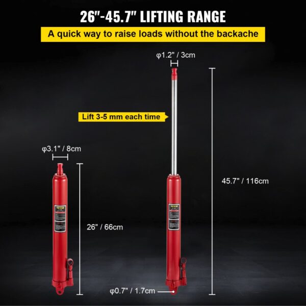 VEVOR hydraulic long ram jack with 26"-45.7" lifting range, red cylinder, and measurement details.