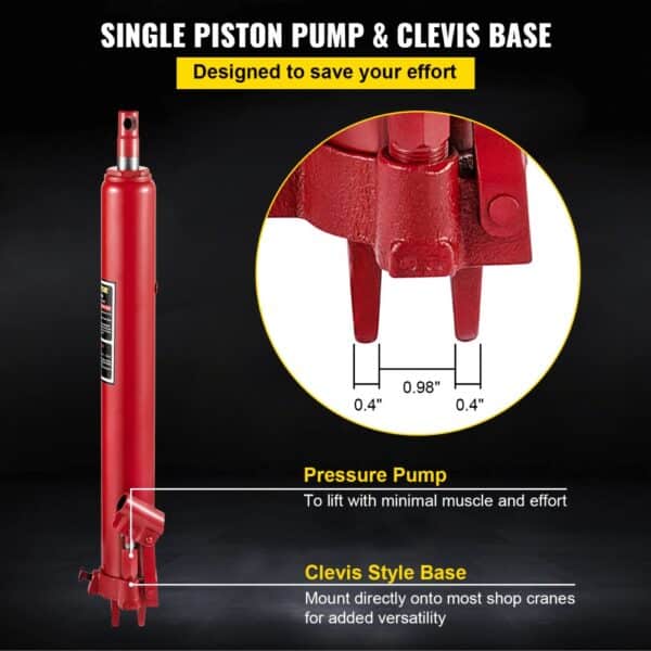 VEVOR hydraulic long ram jack with single piston pump and clevis base for versatile shop crane mounting.