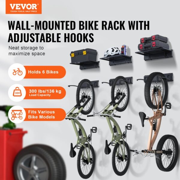 VEVOR bike storage rack holds 6 bikes, 300 lbs capacity, adjustable hooks, fits various models.