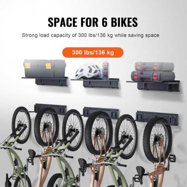 VEVOR bike storage rack holding six bikes and storage shelves with a load capacity of 300 lbs/136 kg.