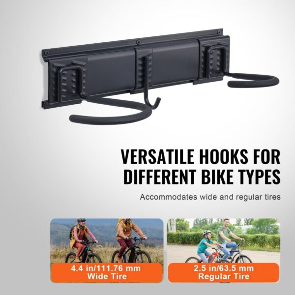 VEVOR bike storage rack with versatile hooks for wide and regular tires, 4.4 in and 2.5 in.