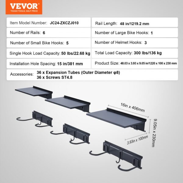 VEVOR bike storage rack with 6 rails, 5 small bike hooks, and 3 helmet hooks. total load: 300 lbs.