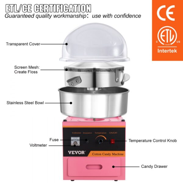 VEVOR Commercial Cotton Candy Machine with Cover Sugar Floss Maker 1000W Party