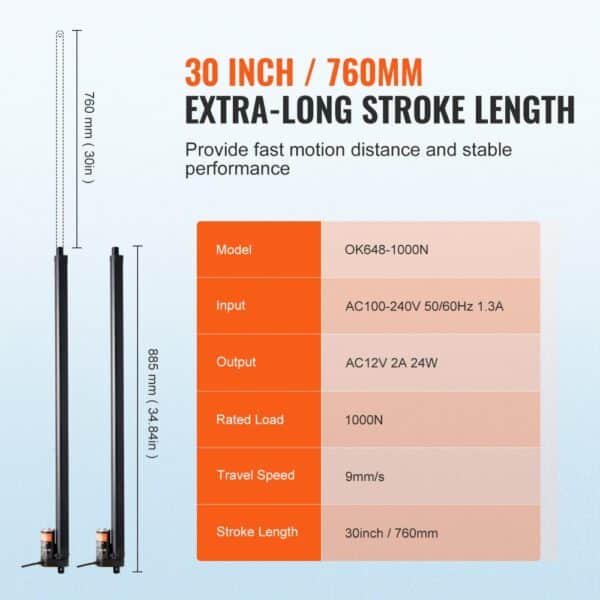 VEVOR 2PCS 12V Linear Actuator Kit 30 Inch 0.35"/s 220lbs/1000N IP54 Protection