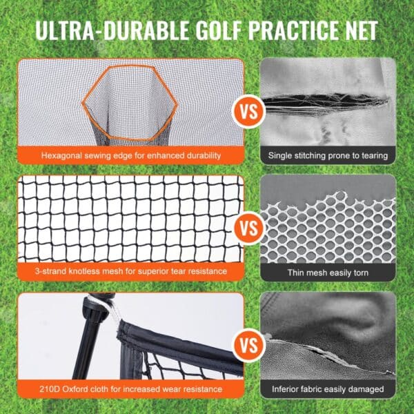 VEVOR golf practice net features hexagonal sewing, 3-strand knotless mesh, and 210d oxford cloth.