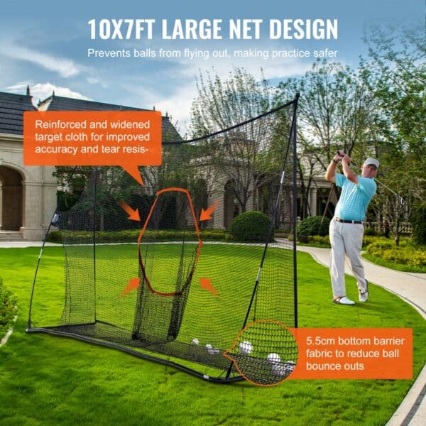 golf player using VEVOR golf practice net with reinforced target cloth and large 10x7ft net design.