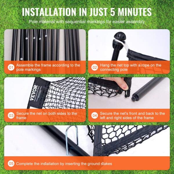 VEVOR golf practice net assembly steps in 5 minutes: frame, connect, secure net, ground stakes.