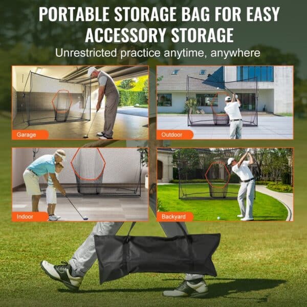 portable VEVOR golf practice net for indoor, outdoor, garage, and backyard practice with storage bag.