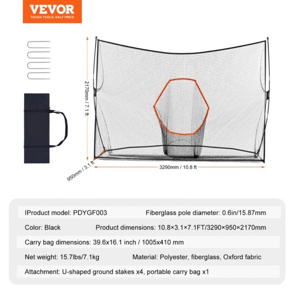 VEVOR golf practice net, large black mesh with orange target, fiber poles, carry bag, ground stakes included.