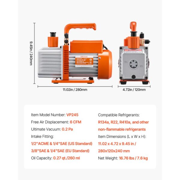 VEVOR Vacuum Pump 6 CFM HVAC 2 Stage Rotary Vane Vacuum Pump Oil Included