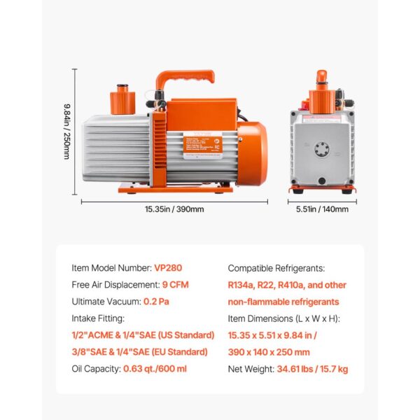 VEVOR Vacuum Pump 9 CFM HVAC 2 Stage Rotary Vane Vacuum Pump Oil Included