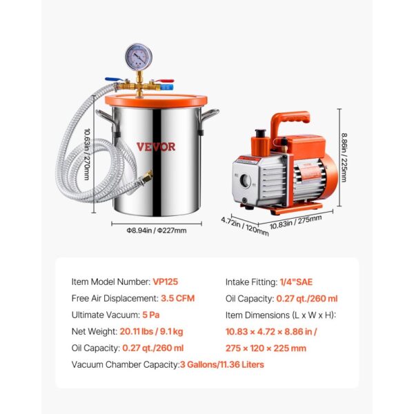 VEVOR 1.5 Gallon Vacuum Chamber 3.5CFM Single Stage Pump Degassing Chamber Kit