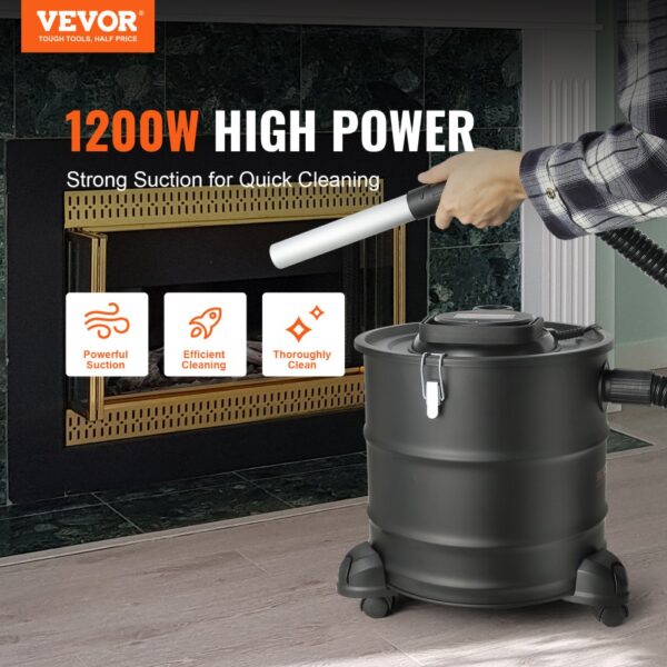 VEVOR Ash Vacuum Cleaner, 20 L with 1200W Powerful Suction, Ash Vac Collector with 1.2 M Flexible Hose & Wheels, for Fireplaces, Pellet Stoves, Wood Stove, Log Burner, Grills, Pizza Ovens, Fire Pits