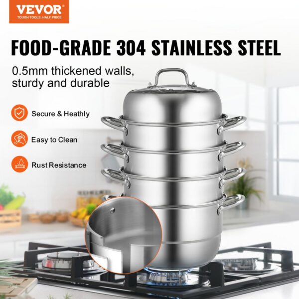 VEVOR dumpling steamer with 304 stainless steel, four tiers, sturdy, on gas stove in kitchen.