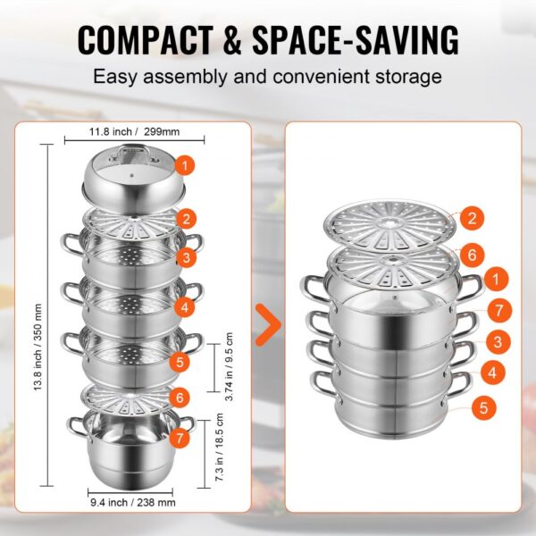 VEVOR dumpling steamer with 7 stainless steel tiers and convenient storage design.