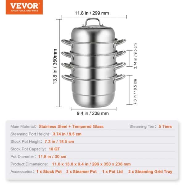 VEVOR dumpling steamer, stainless steel, 5 tiers, 299 x 350 x 238 mm.