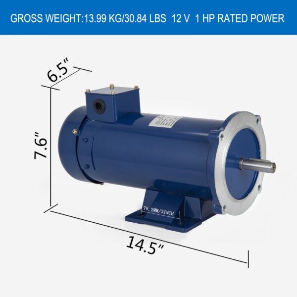 blue VEVOR dc motor, 14.5" x 7.6" x 6.5", 12v, 1 hp, 30.84 lbs.