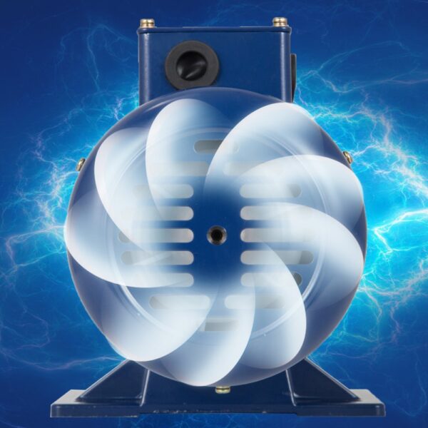 VEVOR dc motor with blue casing and rotating fan blades, set against an electric blue backdrop.