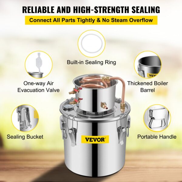 VEVOR distiller kit with thickened boiler, built-in sealing ring, and sealing bucket.