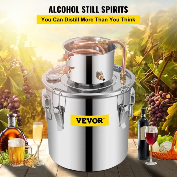 VEVOR alcohol distiller with wine, beer, and grapevine background.