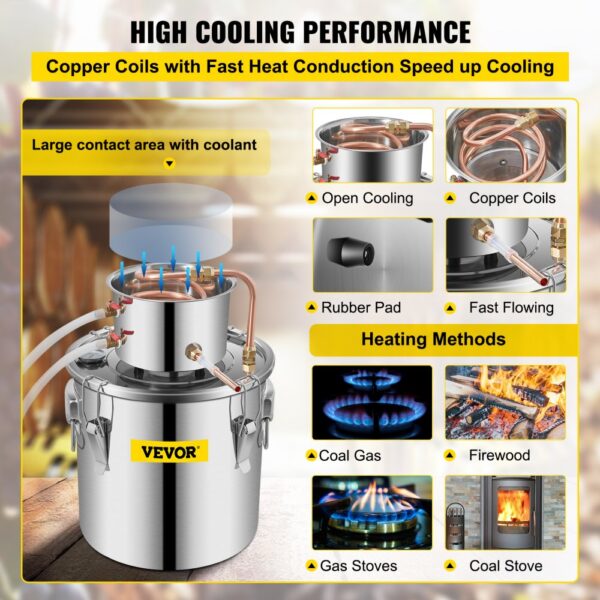 VEVOR alcohol distiller highlighting copper coils, cooling, and various heating methods.