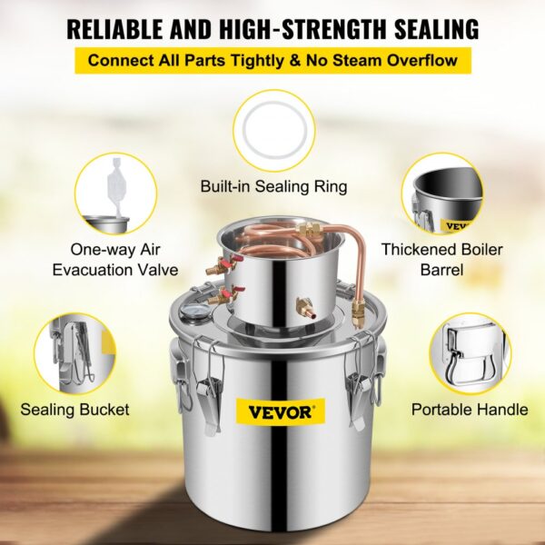 VEVOR alcohol distiller with high-strength sealing and built-in sealing ring.