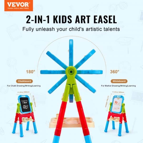 VEVOR 2-in-1 Kids Art Easel Double-Sided Magnetic Whiteboard Chalkboard Rotating