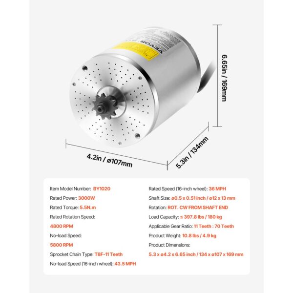 VEVOR 3000W Electric Brushless DC Motor 60V 4800rpm Motor for E-Bike Dirt Bike