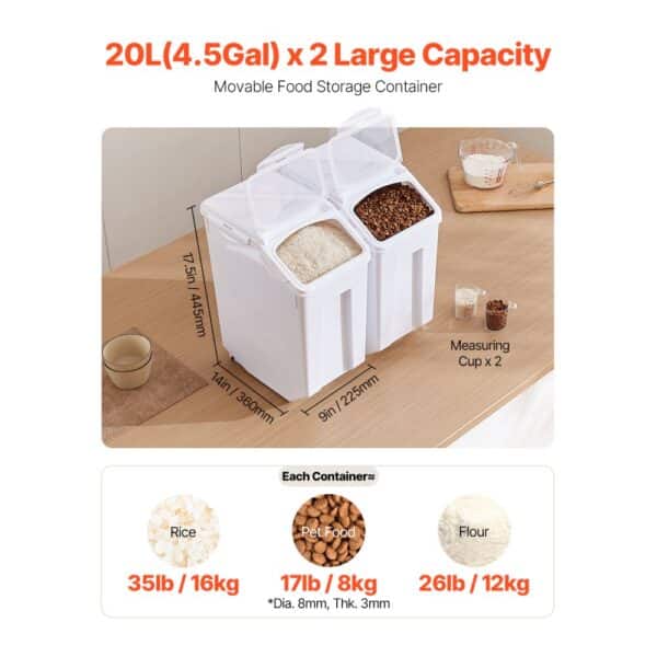 VEVOR 4.5Gal/20Lx2 Large Ingredient Storage Container Airtight Kitchen Flour Bin