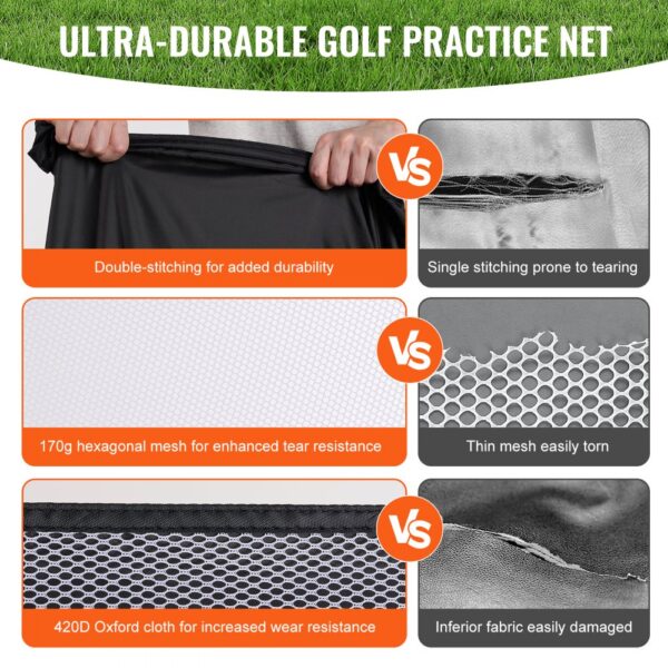 double-stitched VEVOR golf practice net with 170g hexagonal mesh and 420d oxford cloth for durability.