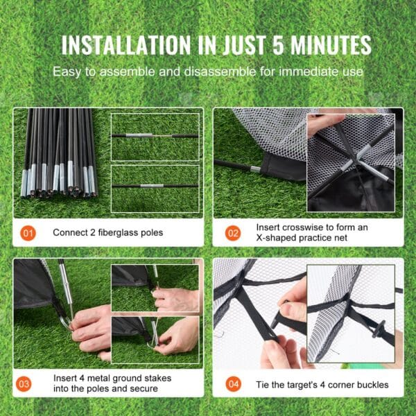 VEVOR golf practice net setup guide showing step-by-step assembly instructions on a green lawn.