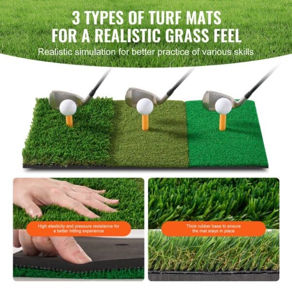 three golf clubs on VEVOR golf practice net with three types of turf mats, showcasing grass simulation.