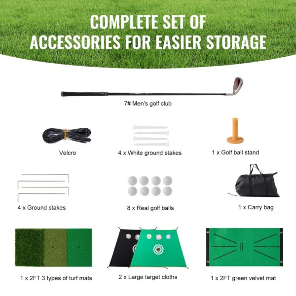 complete set with 7# men's golf club, velcro, 8 golf balls, 2 target cloths, and a carry bag. VEVOR golf practice net.