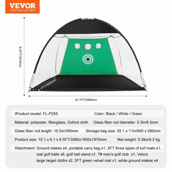 VEVOR golf practice net dimensions and details, black/white/green, includes accessories and target cloths.