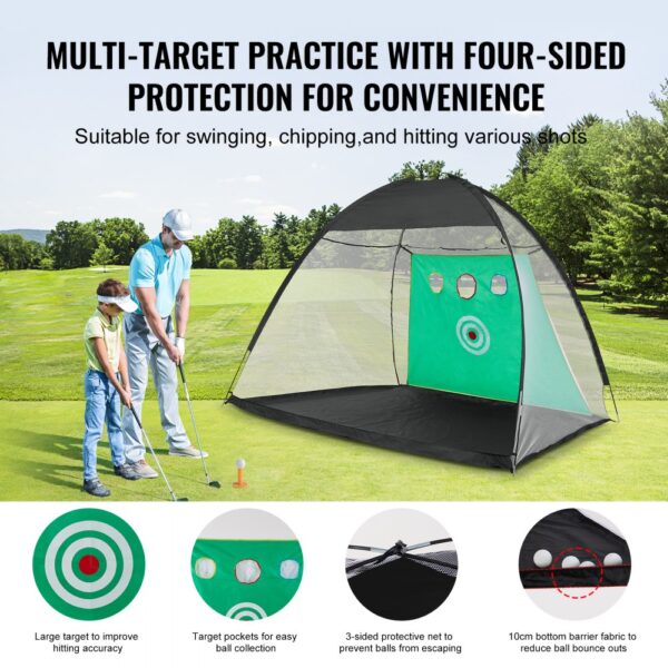 VEVOR golf practice net setup on a golf course with target pockets and a large target for hitting accuracy.