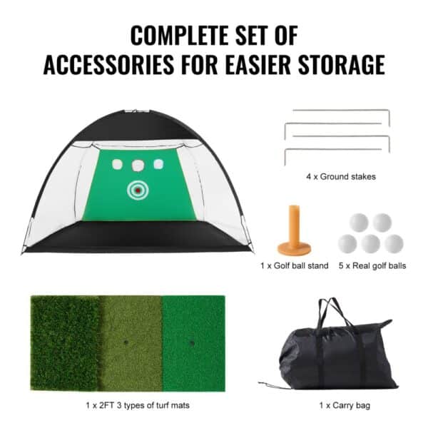 VEVOR golf practice net complete set with turf mats, ground stakes, golf balls, ball stand, and carry bag.