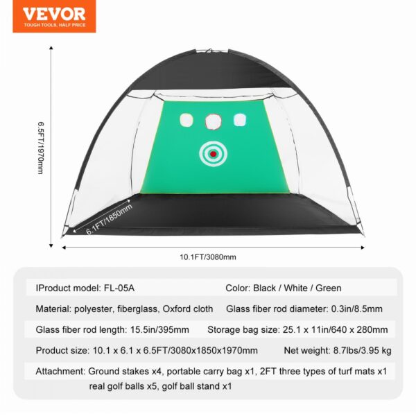 VEVOR golf practice net with targets, black and green, 10.1 x 6.1 x 6.5ft, portable for indoor/outdoor.