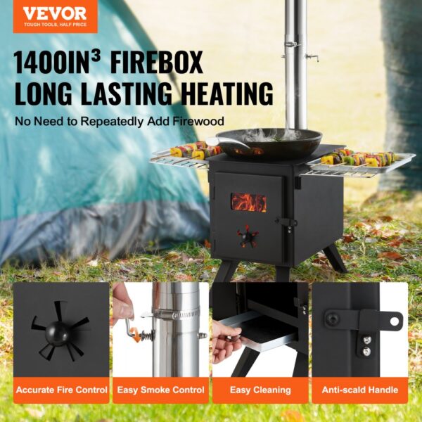 VEVOR Wood Stove, 86 inch, Alloy Steel Camping Tent Stove, Portable Wood Burning Stove with Chimney Pipes & Gloves, 1400in³Firebox Hot Tent Stove for Outdoor Cooking and Heating with 8 Pipes