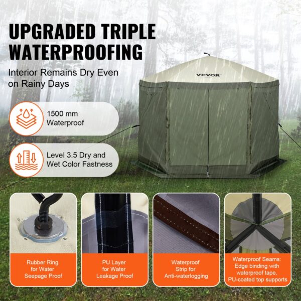 VEVOR pop up gazebo tent with triple waterproofing, 1500 mm waterproof, and anti-waterlogging features.