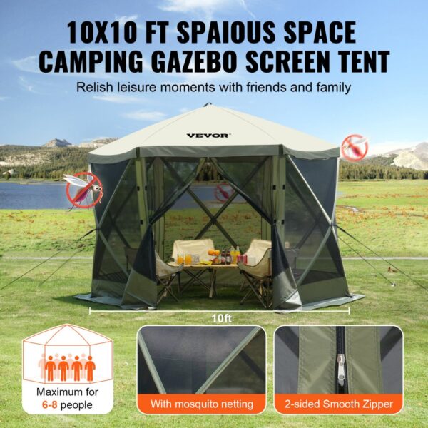 VEVOR pop up gazebo tent, 10x10 ft screen tent with mosquito netting, fits 6-8 people comfortably.